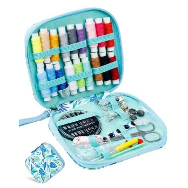 Imagem de Kit de costura para adultos com tesouras, agulhas de costura, dedal, linha, fita métrica etc. (impressão de folha azul)