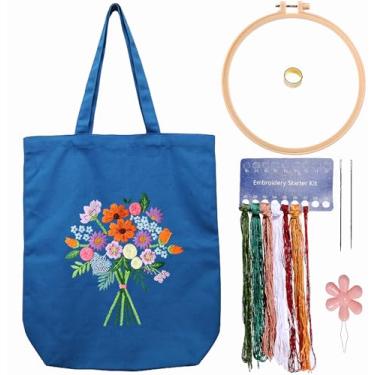 Imagem de Bolsa de lona kit de bordado com padrão para iniciantes, artes e kits de artesanato de bordado DIY para adultos, inclui instruções, argolas de bordado, linhas coloridas e ferramentas
