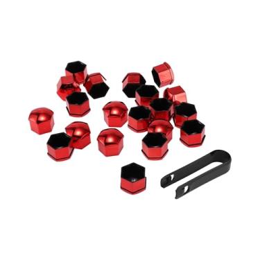 Imagem de 20 peças de parafuso de porca de roda com aros de clipe parafusos de porca de pneu tampa de poeira proteção de porca plástico cromado vermelho 17 mm