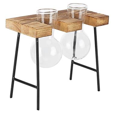 Imagem de Vaso de plantas retrô DIY, suporte de madeira feito à mão, vaso de vidro com lâmpada hidropônica para jardim doméstico (duas garrafas + banco)