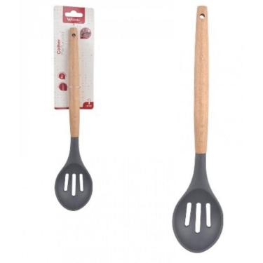 Imagem de Colher Vazada De Silicone Grafite Cabo Madeira 32cm Well