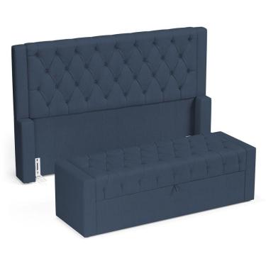 Imagem de Cabeceira E Calçadeira Báu Queen Size Atena 160cm Capitonê Linho Azul - Desk Design