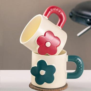 Imagem de Conjunto de 2 canecas de café de cerâmica (grande), xícaras de café de 382 g com alça, caneca de latte com colheres, caneca de cerveja grande para mulheres, homens, segura para micro-ondas, esmalte