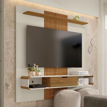 Imagem de Painel para TV com Porta Damadine Off White Cinamomo Pintura 3D Ripada