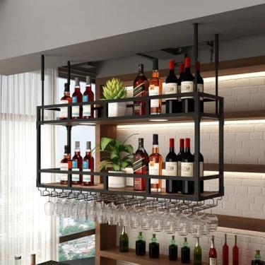 Imagem de Prateleira flutuante de bar vintage industrial com luzes, suporte de garrafa de vinho pendurado no teto, rack de exibição de vidro de bar, decoração de restaurante doméstico (tamanho: 120 x 30 cm, cor