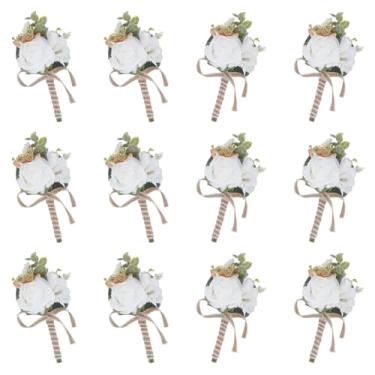Imagem de GOMAKERER 12 peças de flores de rosa, flores brancas de casamento com alfinetes de pano, flores de rosa, para outono rústico, vintage, casamento, cerimônia de formatura, aniversário, jantares formais