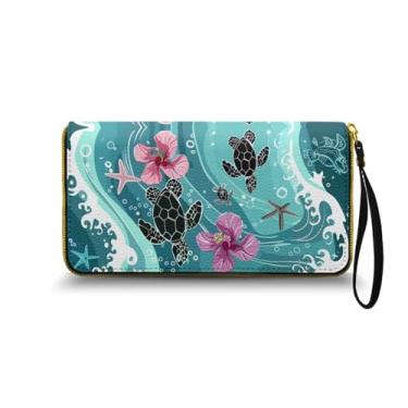 Imagem de Nittanovaca Carteira de pulso para mulheres, bolsa clutch fina longa com porta-cartões de crédito com zíper e capa para celular, Tartaruga marinha flores de hibisco - verde claro, One Size