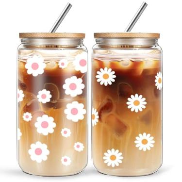 Imagem de wangxitumug Conjunto de 2 xícaras de café gelado floral, copos de vidro de 473 ml, com tampas e canudos, matcha estética, copos de café de vidro de flor para mamãe, presentes de aniversário para