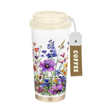 Imagem de SEHANY Caneca de viagem colorida de ervas silvestres de 500 ml Copos de café reutilizáveis revestidos de cerâmica com tampa à prova de vazamento, parede dupla, isolamento a vácuo, copo de café de aço