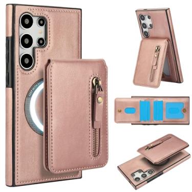 Imagem de Carteira destacável compatível com carregamento sem fio Magsafe para Samsung Galaxy S24 Ultra capa com suporte para cartão, bolso com zíper, suporte 2 em 1 à prova de choque (ouro rosa)