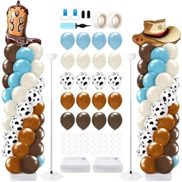 Imagem de Kasyat Conjunto de 2 kits de suporte de coluna de balão de caubói ocidental, ardósia marrom, azul empoeirado, azul, areia, branco, estampa de vaca, kit de arco de guirlanda de balões para decoração de