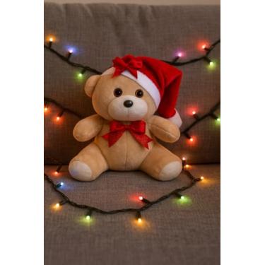 Imagem de Urso Natalino 25/26cm com Gorro e Laço – Pelúcia Decorativa de Natal