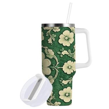 Imagem de Blueangle Copo de trevos do Dia de São Patrício de 850 g com alça e tampa de palha, copo isolado reutilizável de aço inoxidável garrafa de água caneca de viagem (360)