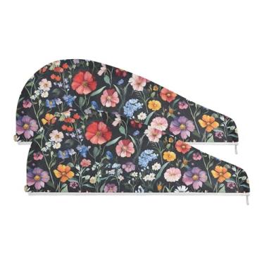 Imagem de SEHANY Toalha de cabelo de microfibra de flores coloridas elegantes para mulheres, 2 peças, turbantes de cabelo de secagem rápida com botão, touca de cabelo seco absorvente toalha de secagem de cabelo