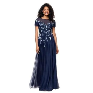 Imagem de Betsy & Adam Vestido feminino bordado malha ilusão gola curta manga curta evasê comprimento até o chão, Azul marinho/multi, 42