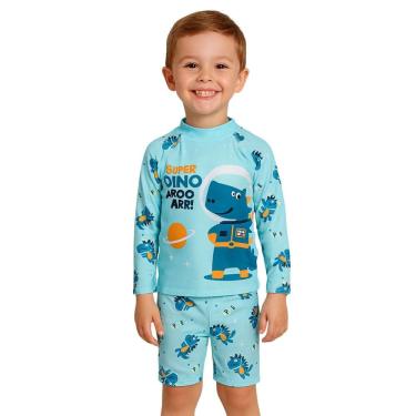 Imagem de Kit Praia Infantil Dino Astronauta Azul Menino Manga Long UV