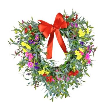 Imagem de KiBcsLic Guirlanda de Gipsofila em Formato de Coração para Decoração de Porta de Entrada, Guirlanda de Flores com Laço para Parede, Festa, Feriado e, Vermelho