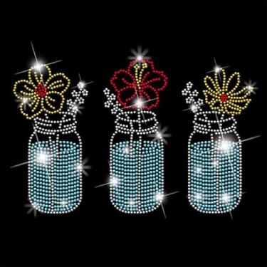 Imagem de SUPERDANT Garrafa de vidro flores ferro em strass frascos florais adesivos de transferência de calor DIY decalques de strass brilhantes adesivos para camiseta roupas femininas moletons arte artesanato