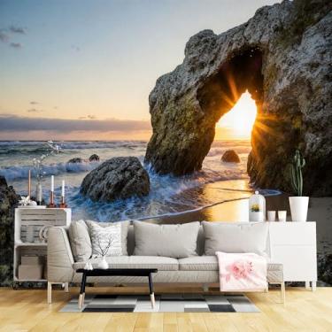 Imagem de Murais de parede de tamanho personalizado, pôr do sol costeiro rocha arco praia tecido de parede autoadesivo (sem PVC) papel de parede grande removível para sala de estar, quarto, escritório