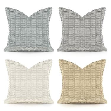Imagem de Pacote com 4 capas de almofada de veludo cotelê, 45 x 45 cm, textura exclusiva de grão de trigo, zíper liso oculto, lavável na máquina, fronhas para almofada de sofá, sala de estar, cama (estilo1)