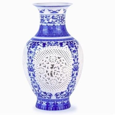 Imagem de Vaso de cerâmica azul e branco, vaso de porcelana azul chinoiserie, vaso de flores de cerâmica vintage para decoração de casa, vasos de porcelana azul e branco para sala de estar, mesa de livros,