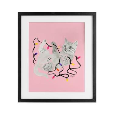 Imagem de Stupell Industries "Gato com luzes de Natal rosa", impressão emoldurada sob vidro, preto, 13 x 16