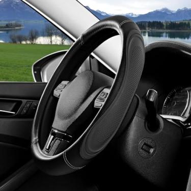 Imagem de Capa de volante de couro com emenda de filme preto, couro de microfibra, antiderrapante, respirável, ajuste universal para capa de volante de 36,8 a 38 cm para homens e mulheres