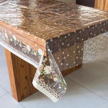 Imagem de Toalha de Mesa de Plástico Impermeável - Forro de Mesa Cristal Estampado, Ajusta Mesas de 4-6-8 Cadeiras, Prática para Festas, Churrascos e Eventos (Bege Floral,1.00 X 1.40)