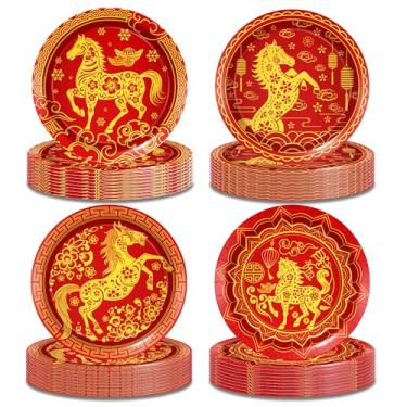 Imagem de 32 peças de artigos para festa de ano novo chinês, pratos de papel de cavalo de ouro vermelho - Travessas de sobremesa descartáveis com tema de cavalo de 18 cm | 4 estilos para decorações de festa de