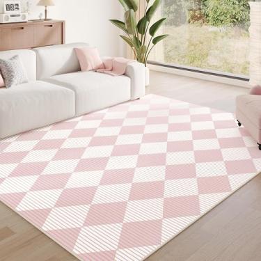 Imagem de ARKIIKI Tapetes xadrez laváveis 15 x 23 cm para quarto, tapete rosa e branco para sala de estar, tapete geométrico de lã sintética para crianças, meninas, sala de jogos, dormitório, berçário, sala de