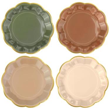 Imagem de Kochorie 60 peças de pratos de festa recortados na floresta, prato de sobremesa marrom verde sálvia de 18 cm, pratos de papel descartáveis com borda dourada para aniversário, chá de bebê, casamento