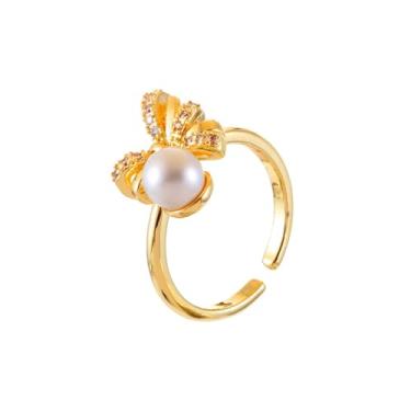 Imagem de Kokoma Anel de laço delicado para mulheres, imitação de pérola, zircônia cúbica, anel aberto ajustável, noivado, casamento, joias modernas