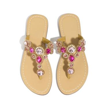 Imagem de Hinyyrin Chinelo feminino com strass cintilante, sandália plana para casamento, praia, verão, Rosa, 40