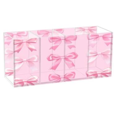 Imagem de Burbuja Porta-canetas de acrílico Valentine Pink Bows, 4 compartimentos, suporte de lápis transparente para pincéis de maquiagem, acessórios de mesa de escritório em casa