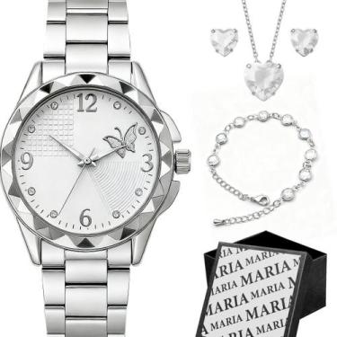 Imagem de relogio feminino prova dagua aço + pulseira + colar presente zirconia 