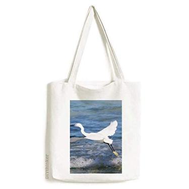 Imagem de Bolsa de lona com imagem de mar pássaro branco oceano bolsa de compras casual bolsa de mão