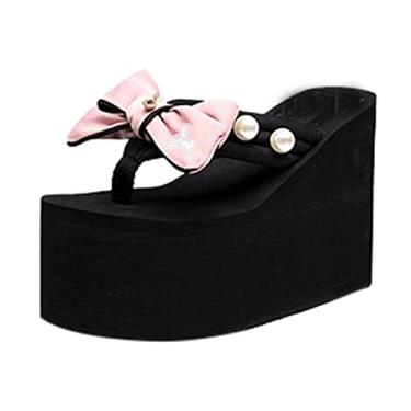 Imagem de Sandálias femininas plataforma plataforma flip senhoras pérola sapatos femininos chinelos anabela sandálias de praia chinelos de laço sandálias femininas (rosa, 35)