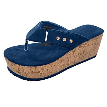 Imagem de Sandálias de cunha para mulheres sandálias abertas com fivela alça praia sapatos femininos respiráveis de verão dedo do pé feminino anabela (azul, 9,5-10)