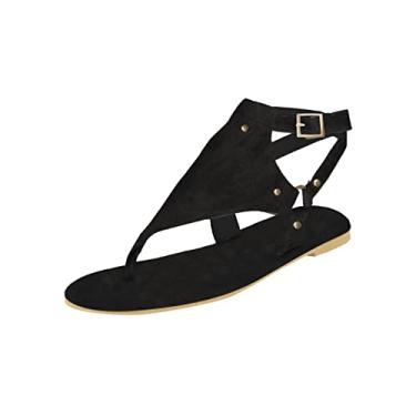 Imagem de Sandálias de dedo do pé femininas sandálias abertas sandálias de praia com fivela flip feminina sapatos casuais de camurça sólida mocassins (preto, 37)