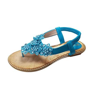 Imagem de Sandálias plataforma para mulheres sandálias miçangas boêmio com joias de diamante estilo cunha moda feminina e primavera verão sandálias femininas (azul, 8)