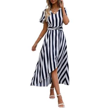 Imagem de Camisa Feminina Striped Print Wrap Hem Dress (Color : Blue and White, Size : M)