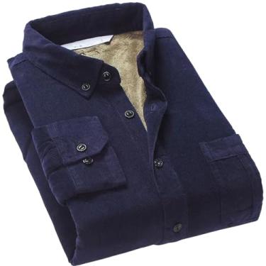 Imagem de Camisa masculina de algodão veludo cotelê quente inverno forro de lã grossa camisa térmica manga longa camisa masculina inverno, Azul marinho, G