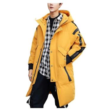 Imagem de Jaqueta masculina acolchoada de comprimento médio, cor bloqueada, quente, casaco casual de inverno, Amarelo, GG