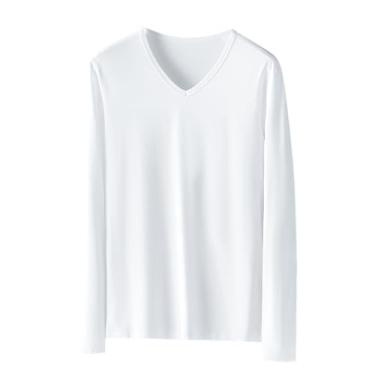 Imagem de Camisetas masculinas manga comprida cor sólida gola V pulôver slim fit casual esportes camisetas, Branco, P