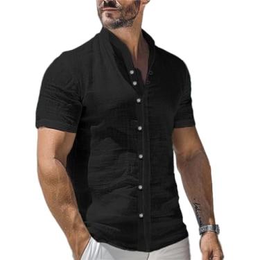 Imagem de Camisa masculina de algodão e linho de manga curta, casual, abotoada, praia, praia, verão, vovô, Preto, GG