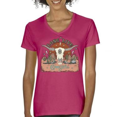 Imagem de Camiseta feminina Long Live Cowgirl gola V Vintage Country Girl Western Rodeo Ranch Blessed and Lucky American Southwest, Rosa choque, G