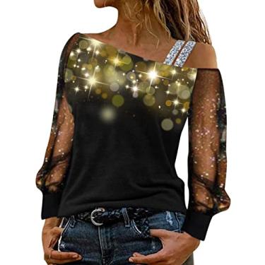 Imagem de Aniywn Camiseta feminina de manga comprida com ombro de fora e lantejoulas de malha com glitter, blusa de festa, clube, blusa Y2K, A9 - Amarelo, GG