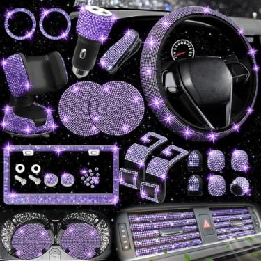 Imagem de NBTEPEM Conjunto de 27 peças de acessórios de carro roxo violeta brilhante para mulheres, capas de volante com ajuste universal de 38 cm, moldura de placa de carro brilhante, suporte de telefone