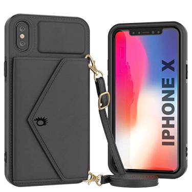 Imagem de Punnkcase Capa carteira para iPhone X [série Sparkle] Design transversal elegante de couro PU com bolsa, suporte e alça de ombro | Proteção glamorosa para iPhone 10 (5,8 polegadas) [Preto]
