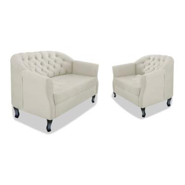 Imagem de Kit Namoradeira Sofá Recamier e Poltrona Julia Pés Luís Xv Com Botonê para Sala de Estar Recepção Quarto Escritório Bege Suede - AM Decor